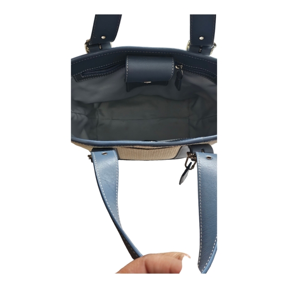 COACH Hampton Small Handbag Blue Leather & Cream Straw - Picture 4 of 9